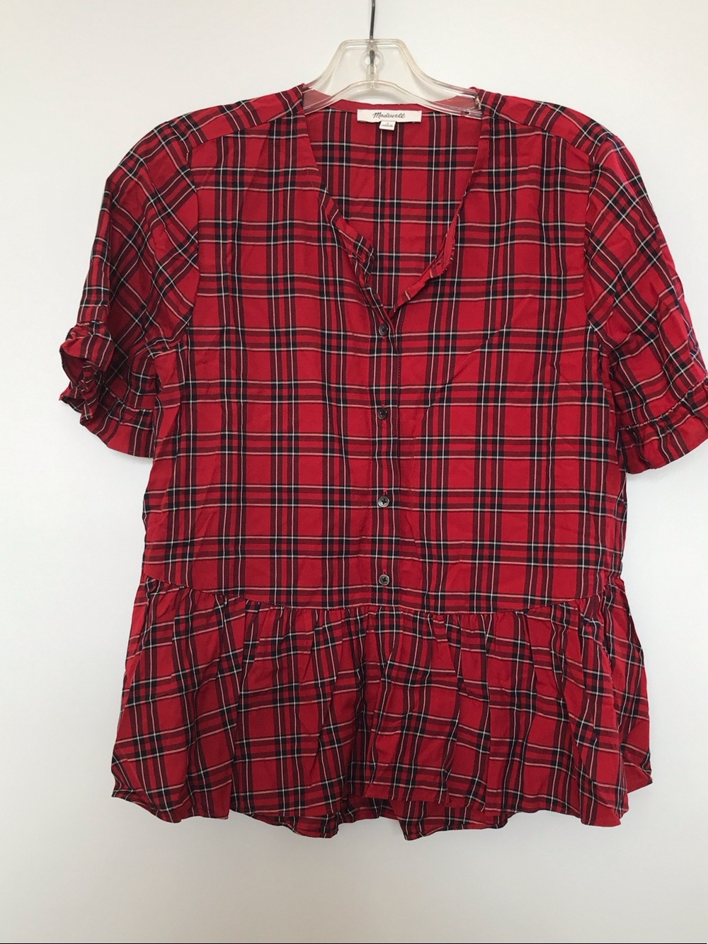 Madewell Red Plaid Button-Front Peplum Tunic